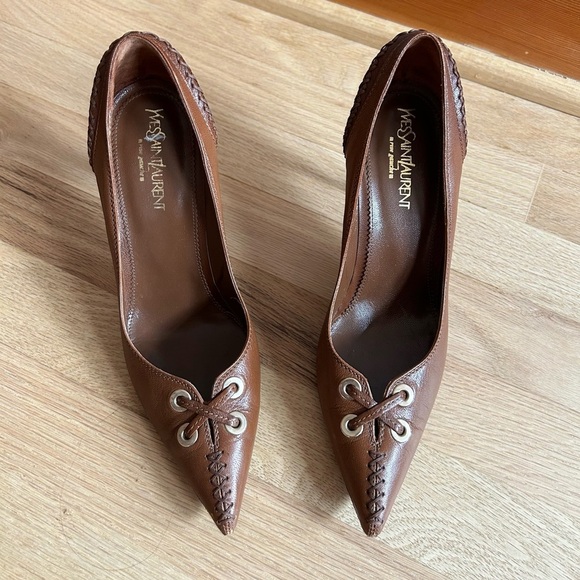 YVES SAINT LAURENT vintage leather cross-stitch studded heels Y2K size 37 - Picture 2 of 13